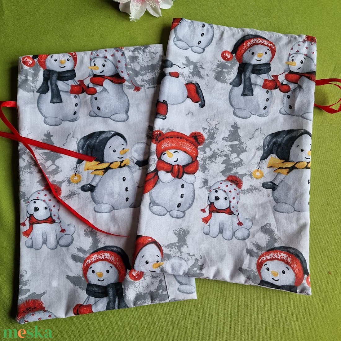 DCS89 - Hóember, kutya mókus mintás mikulás zsák, textil ajándéktasak - karácsony - mikulás - mikulás zsák - Meska.hu