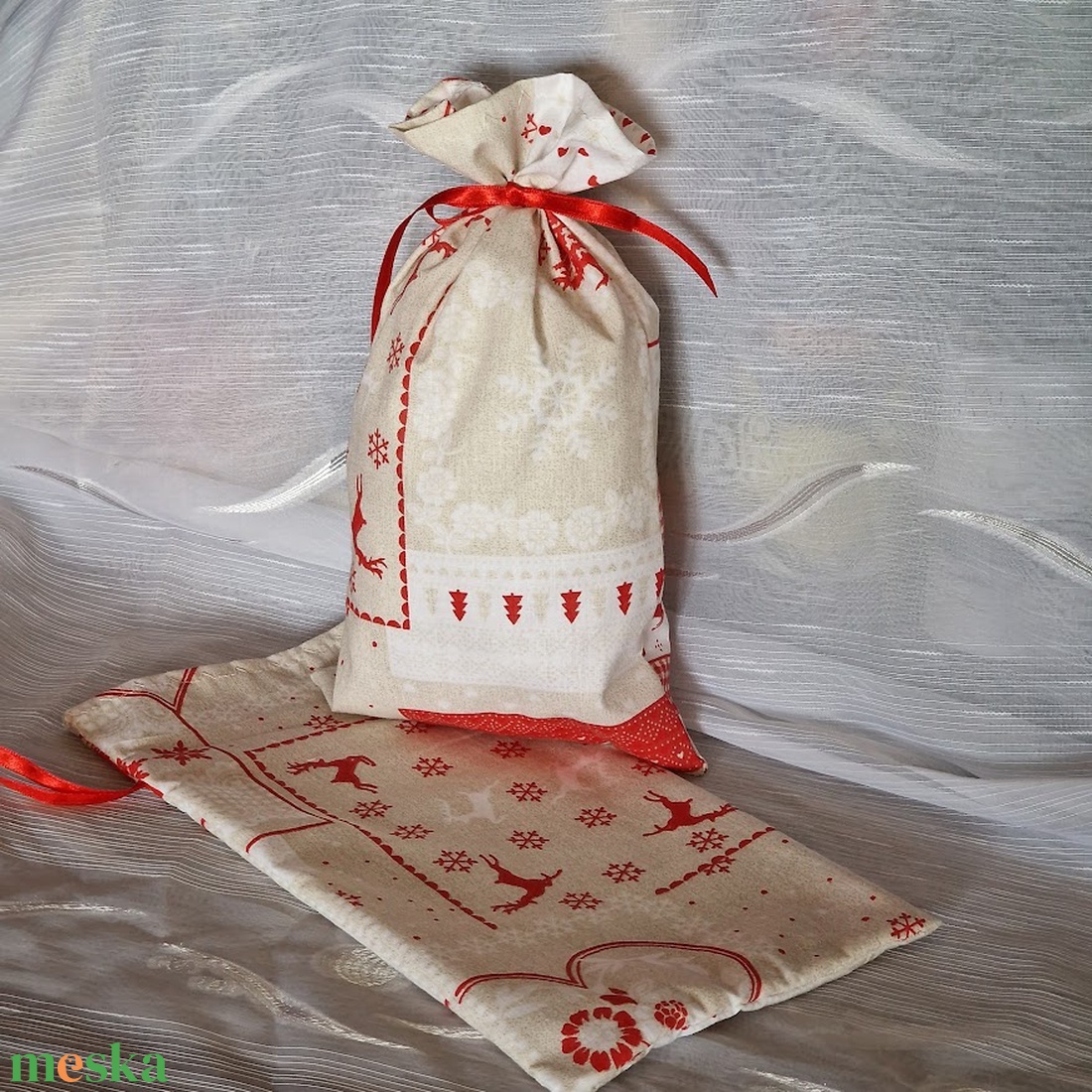 DCS90 - Hópehely, szív, szarvas mintás mikulás zsák, textil ajándéktasak - karácsony - mikulás - mikulás zsák - Meska.hu