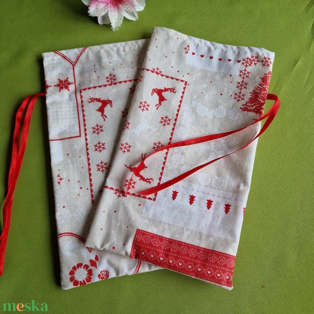 DCS90 - Hópehely, szív, szarvas mintás mikulás zsák, textil ajándéktasak - karácsony - mikulás - mikulás zsák - Meska.hu