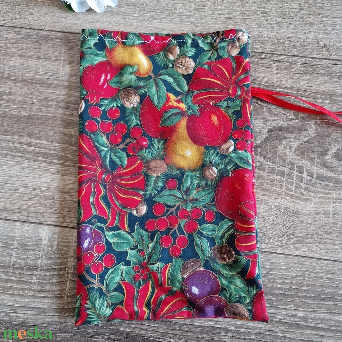DCS91 - Karácsonyi mintás mikulás zsák, ajándéktasak - alma, körte, szilva, masni - karácsony - mikulás - mikulás zsák - Meska.hu