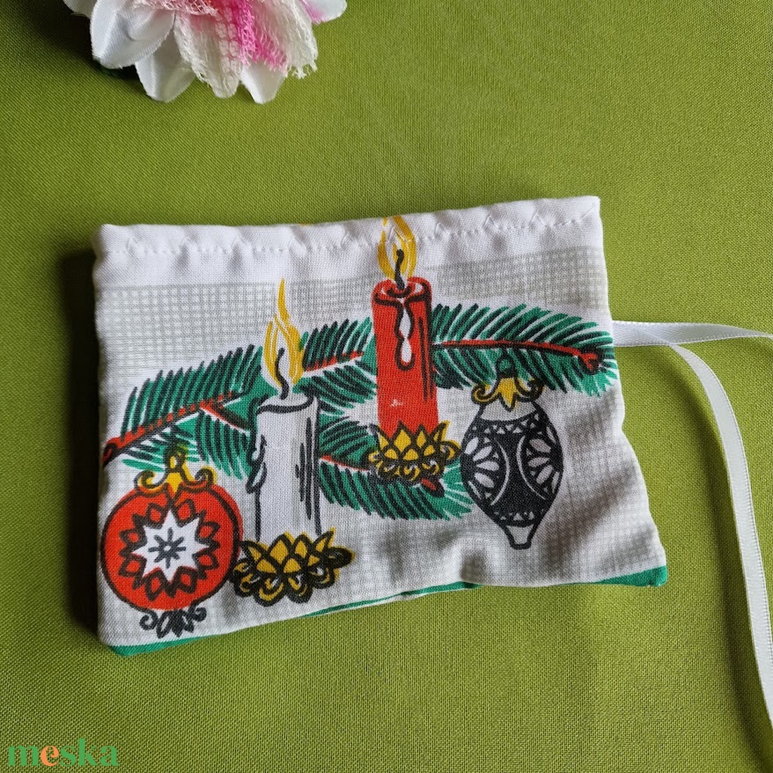 DCS94 - Gyertyák és gömbök fenyő ágon mintás textil ajándéktasak, mikulás zsák - karácsony - mikulás - mikulás zsák - Meska.hu