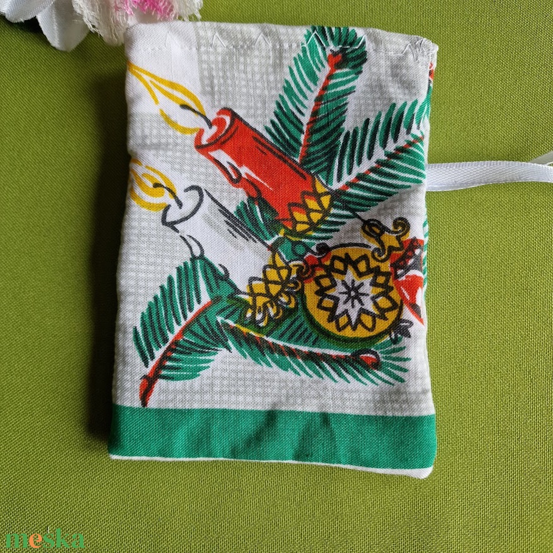 DCS95 - Gyertyás, gömbös mintás textil ajándéktasak, kis mikulás zsák - karácsony - mikulás - mikulás zsák - Meska.hu