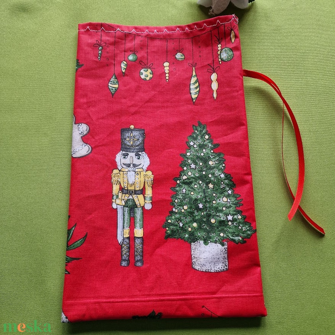 DCS125 - Diótörő, mézeskalács, karácsonyfa mintás mikulás zsák, textil ajándéktasak - piros - karácsony - mikulás - mikulás zsák - Meska.hu