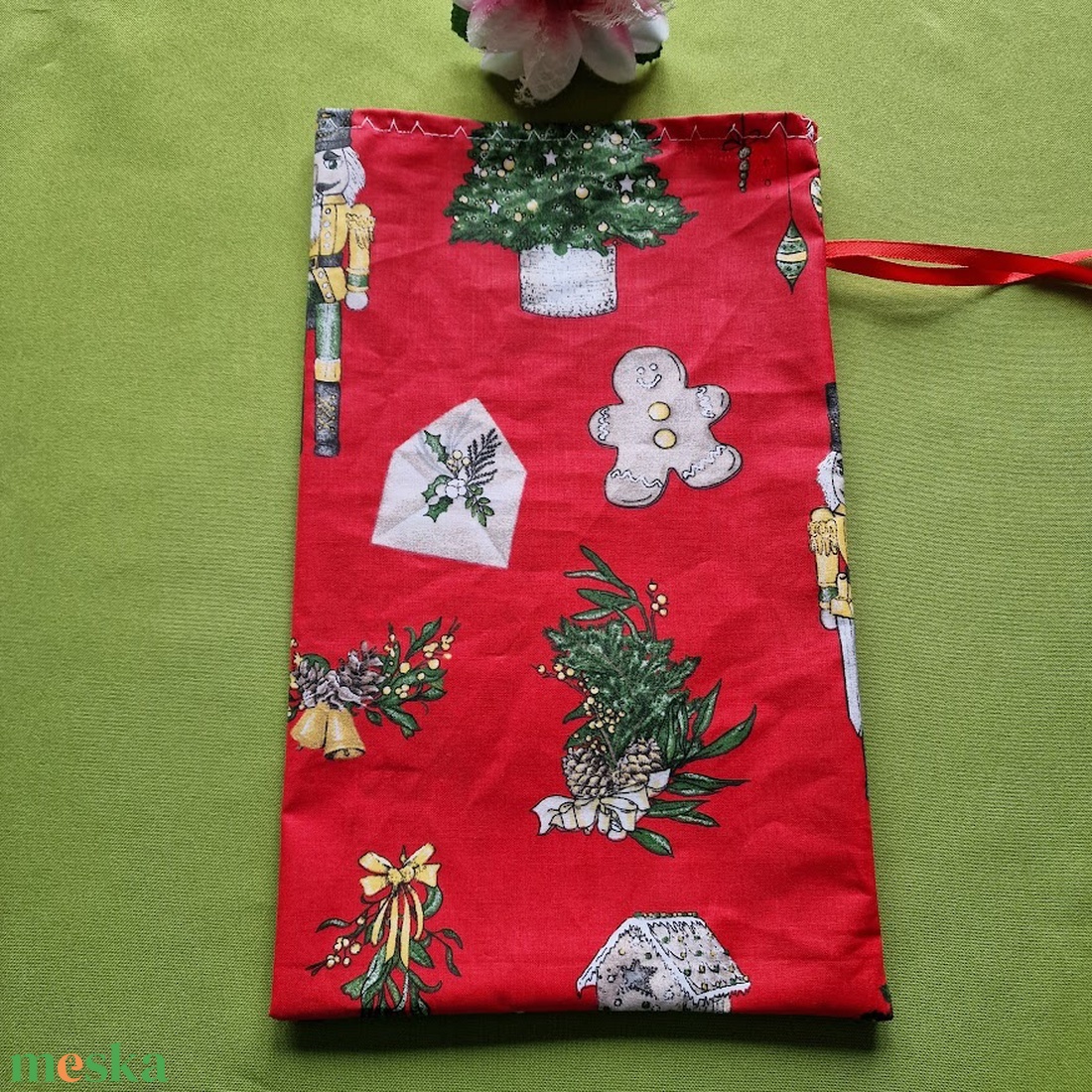 DCS125 - Diótörő, mézeskalács, karácsonyfa mintás mikulás zsák, textil ajándéktasak - piros - karácsony - mikulás - mikulás zsák - Meska.hu
