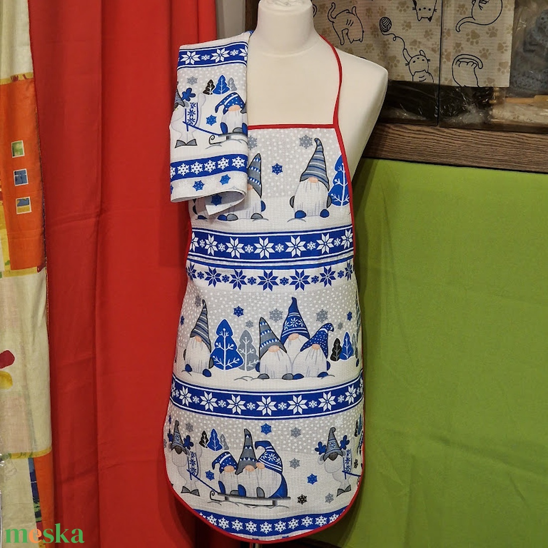 OTT37 - Karácsonyi manó és egér mintás pamut konyhai szett: kötény, konyharuha (törlőkendő) - otthon & életmód - konyhafelszerelés, tálalás - konyhai textil - kötény - Meska.hu