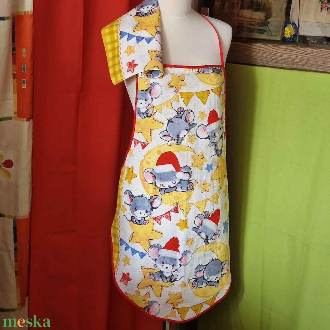 OTT37 - Karácsonyi manó és egér mintás pamut konyhai szett: kötény, konyharuha (törlőkendő) - otthon & életmód - konyhafelszerelés, tálalás - konyhai textil - kötény - Meska.hu