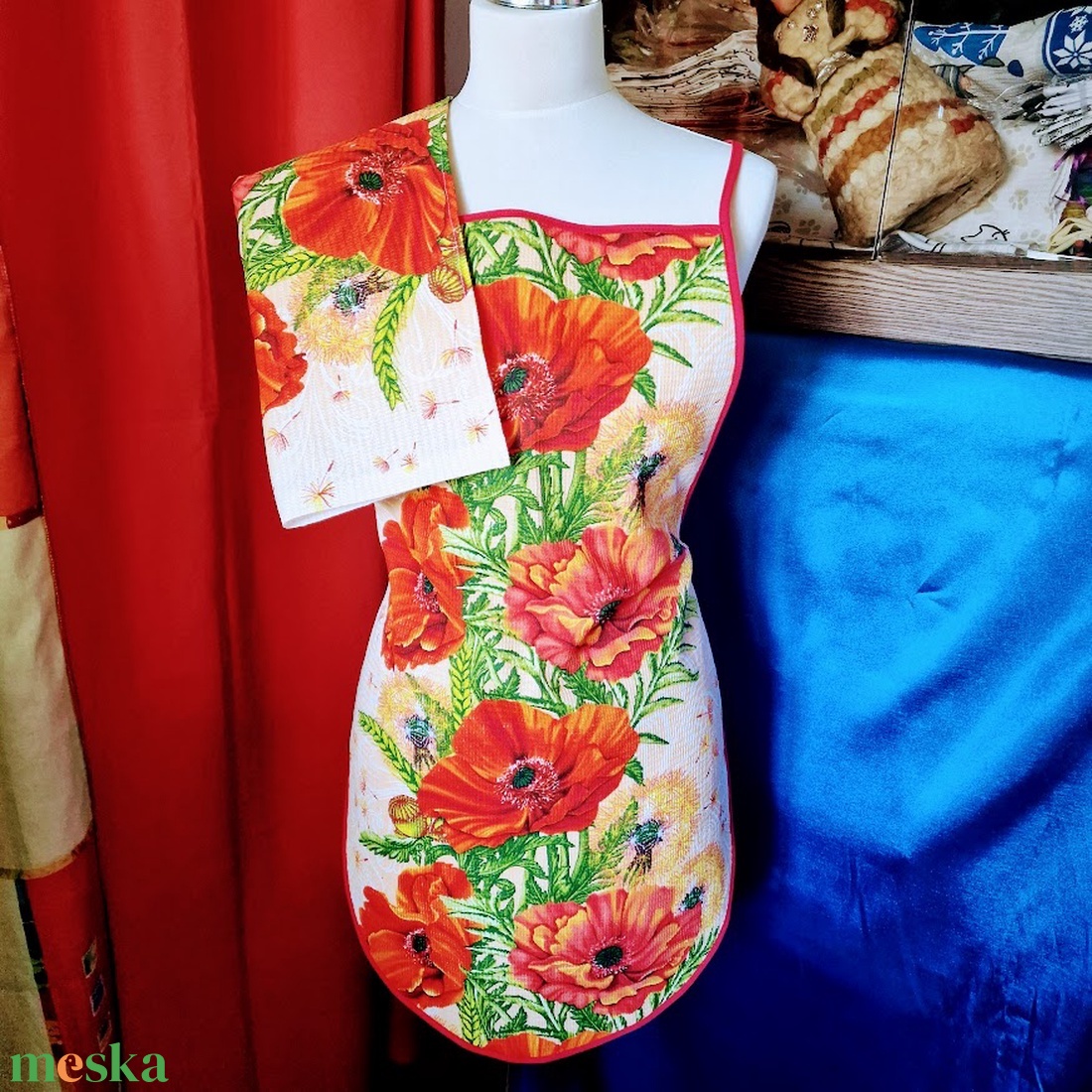 OTT35 - Pipacs, zöldség, naparforgós és Cica mintás pamut konyhai szett: kötény, konyharuha (törlőkendő) - otthon & életmód - konyhafelszerelés, tálalás - konyhai textil - kötény - Meska.hu