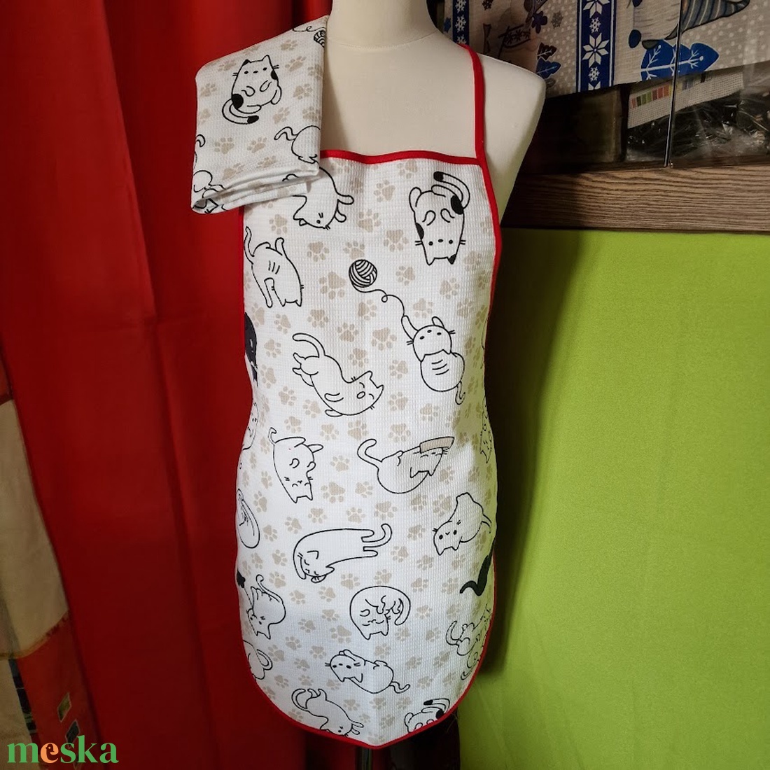 OTT35 - Pipacs, zöldség, naparforgós és Cica mintás pamut konyhai szett: kötény, konyharuha (törlőkendő) - otthon & életmód - konyhafelszerelés, tálalás - konyhai textil - kötény - Meska.hu