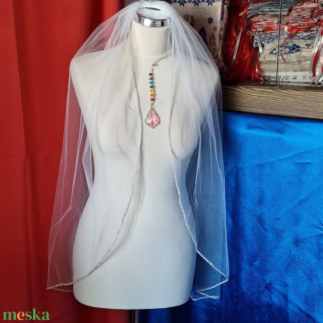 FTY142 - 1 rétegű, köves szélű, Hófehér menyasszonyi fátyol 90x130cm - esküvő - kiegészítők - fátyol - Meska.hu