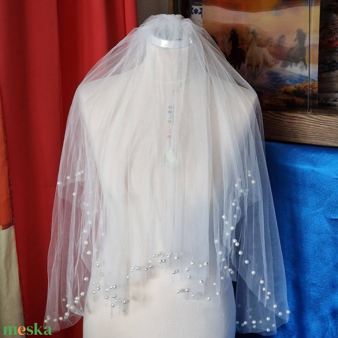FTY145 - 2 rétegű, szegetlen, törtfehér gyöngyös menyasszonyi fátyol 56/75x150cm - esküvő - kiegészítők - fátyol - Meska.hu