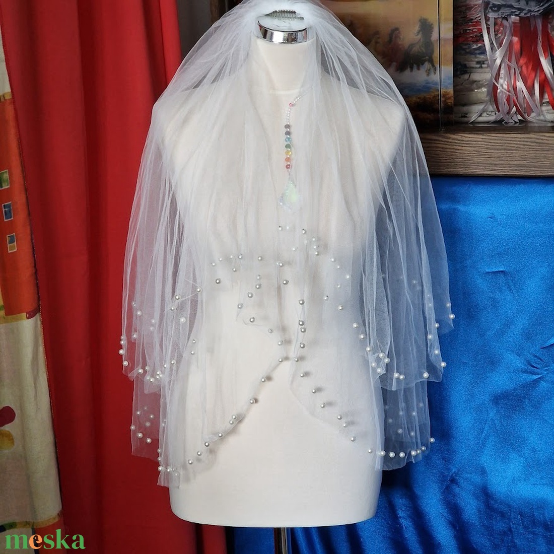 FTY145 - 2 rétegű, szegetlen, törtfehér gyöngyös menyasszonyi fátyol 56/75x150cm - esküvő - kiegészítők - fátyol - Meska.hu