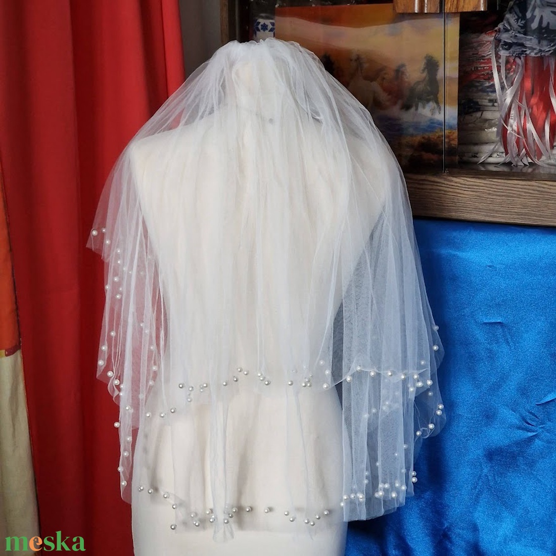 FTY145 - 2 rétegű, szegetlen, törtfehér gyöngyös menyasszonyi fátyol 56/75x150cm - esküvő - kiegészítők - fátyol - Meska.hu