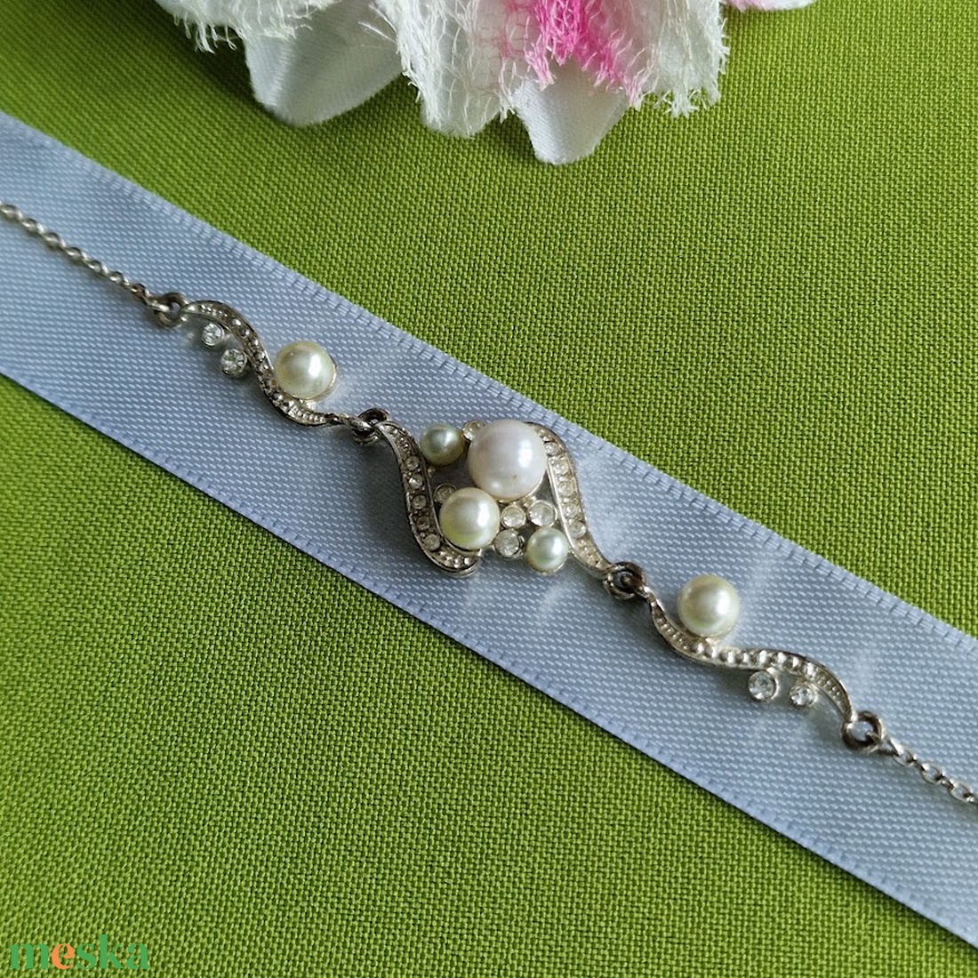 ESKÜVŐ MÖV54 - Strasszköves, gyöngyös menyasszonyi Öv, Nyaklánc 9x2cm - esküvő - kiegészítők - öv & pánt - Meska.hu