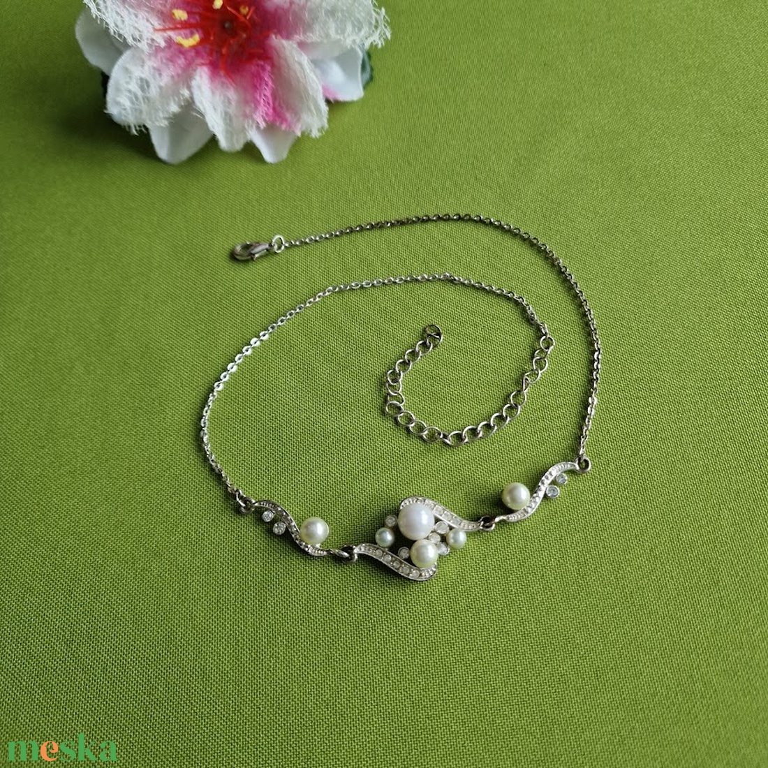 ESKÜVŐ MÖV54 - Strasszköves, gyöngyös menyasszonyi Öv, Nyaklánc 9x2cm - esküvő - kiegészítők - öv & pánt - Meska.hu