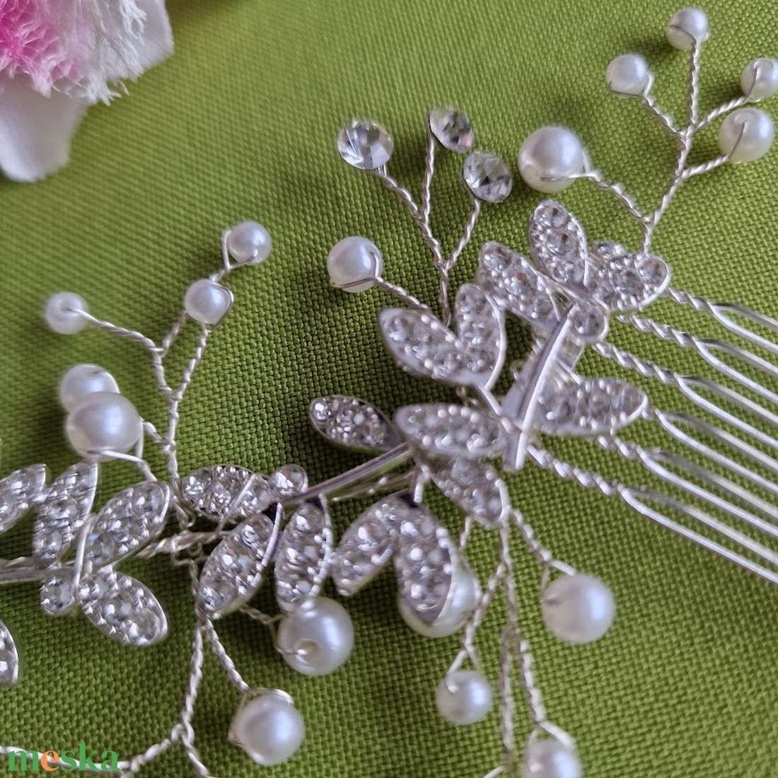 ESKÜVŐ HAD230 - Menyasszonyi strasszos, gyöngyös dupla hajfésűs hajdísz - ezüst alap  - esküvő - hajdísz - fésűs hajdísz - Meska.hu