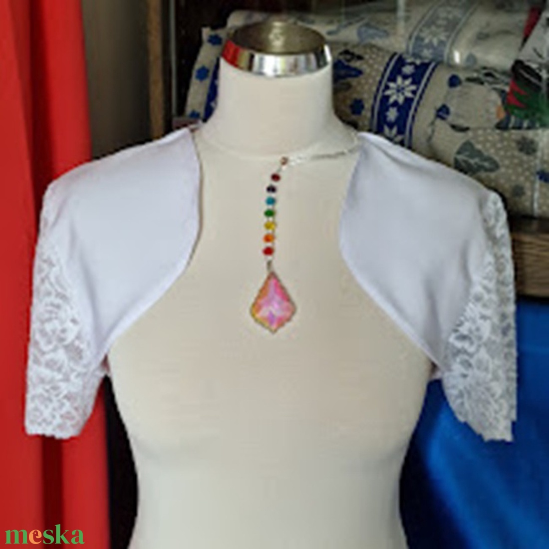 ESKÜVŐ BOL129 - Fehér menyasszonyi rövid ujjú bordűrös csipkés boleró - esküvő - kiegészítők - bolero és válltakaró - Meska.hu