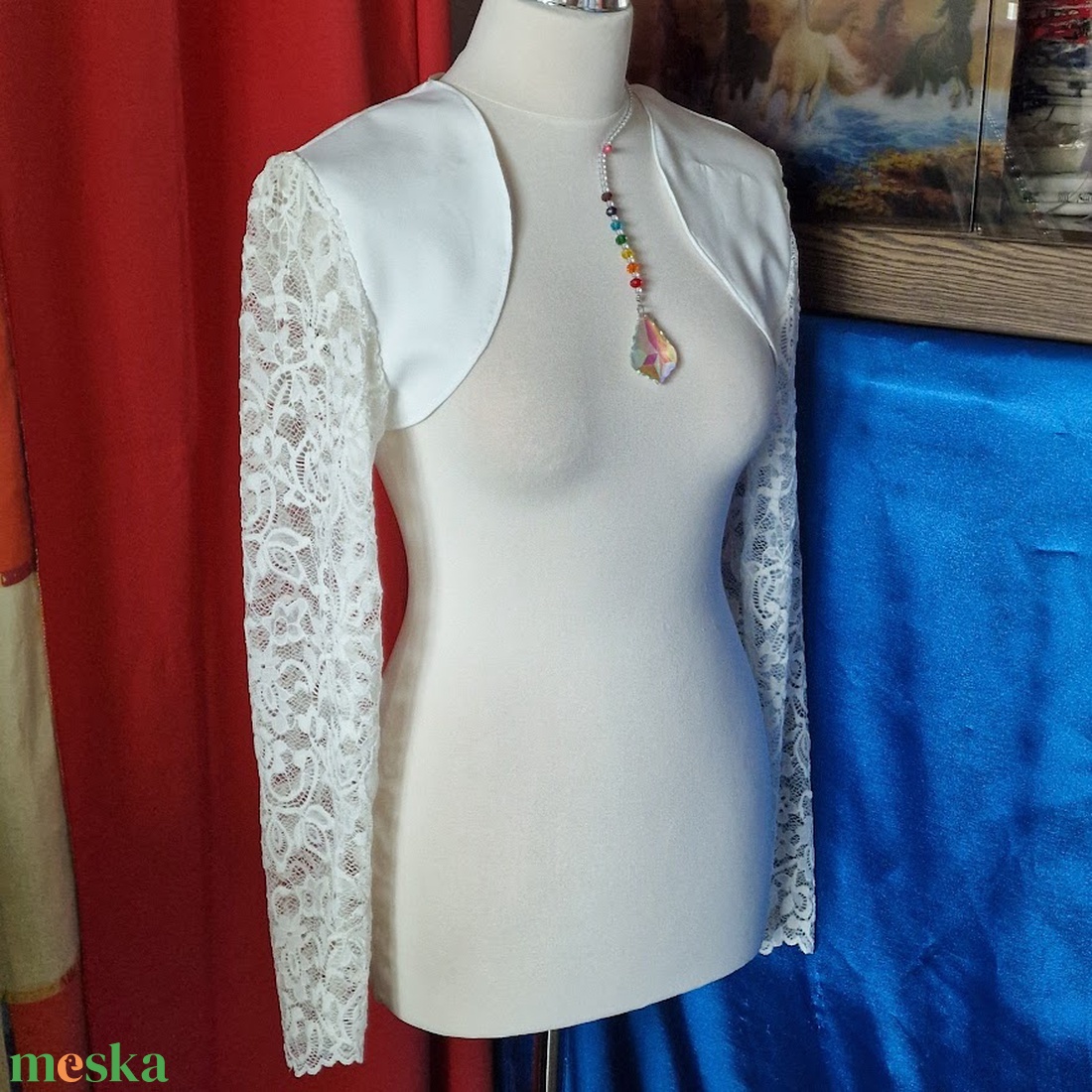 ESKÜVŐ BOL129B - Ekrü menyasszonyi hosszú ujjú bordűrös csipkés boleró - esküvő - kiegészítők - bolero és válltakaró - Meska.hu