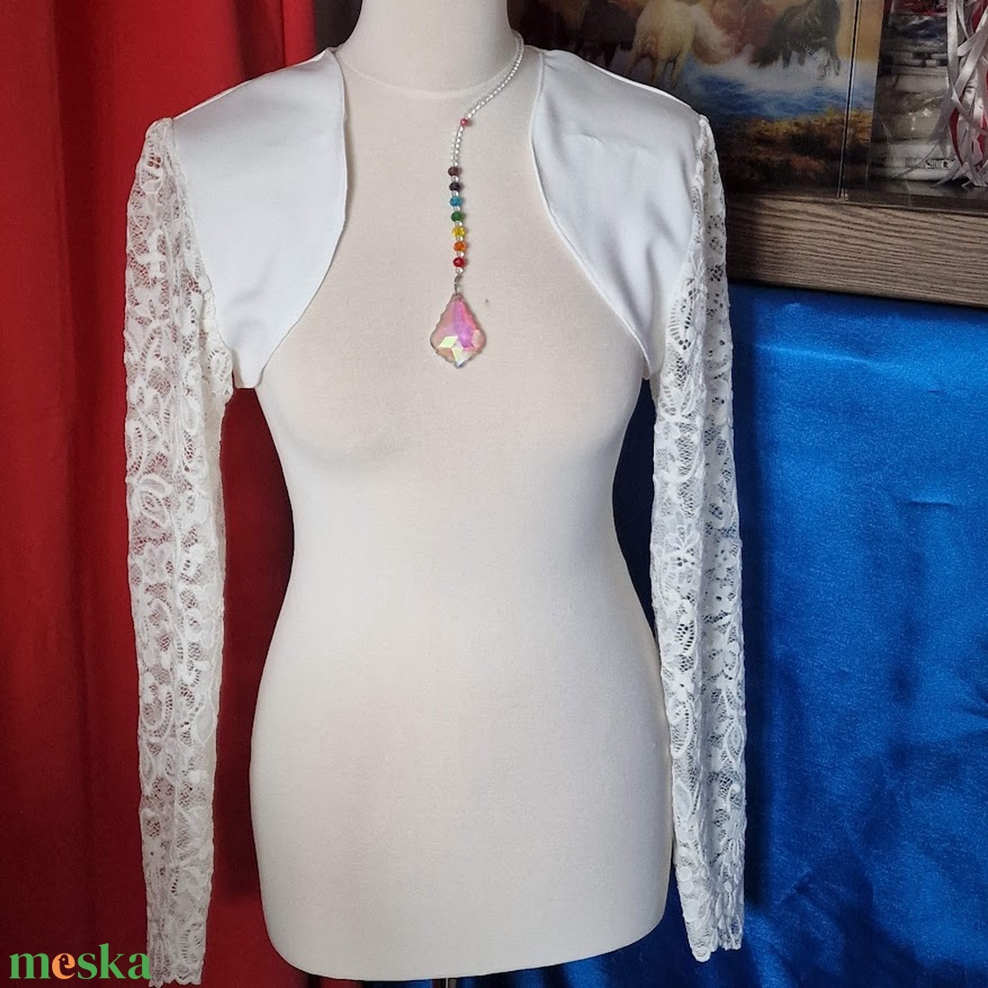 ESKÜVŐ BOL129B - Ekrü menyasszonyi hosszú ujjú bordűrös csipkés boleró - esküvő - kiegészítők - bolero és válltakaró - Meska.hu