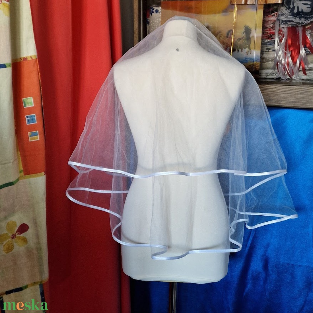 FTY84B - 2 rétegű, szatén szegélyű Hófehér menyasszonyi fátyol 60/78x150cm - esküvő - kiegészítők - fátyol - Meska.hu