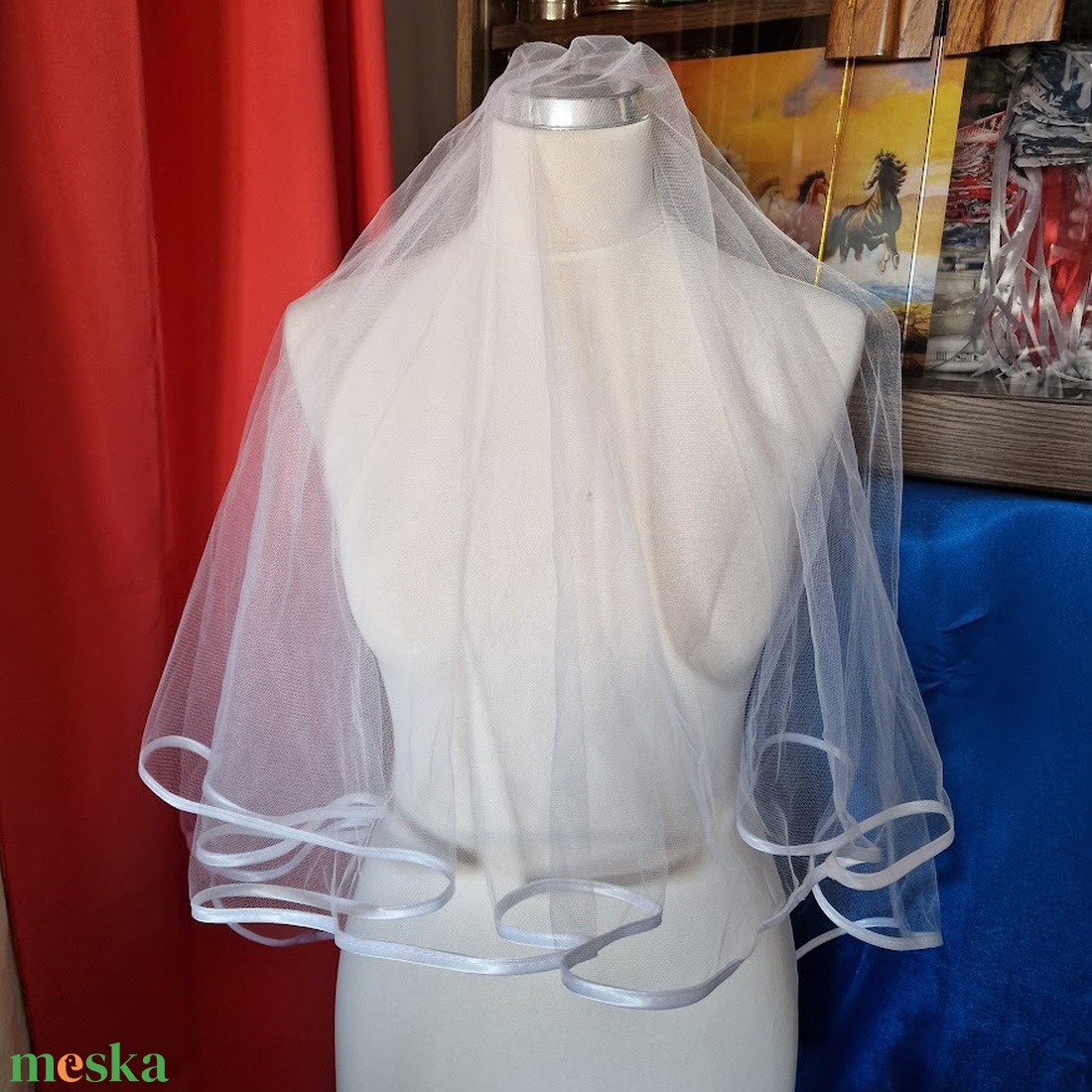 FTY84B - 2 rétegű, szatén szegélyű Hófehér menyasszonyi fátyol 60/78x150cm - esküvő - kiegészítők - fátyol - Meska.hu