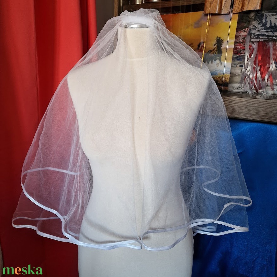 FTY84B - 2 rétegű, szatén szegélyű Hófehér menyasszonyi fátyol 60/78x150cm - esküvő - kiegészítők - fátyol - Meska.hu