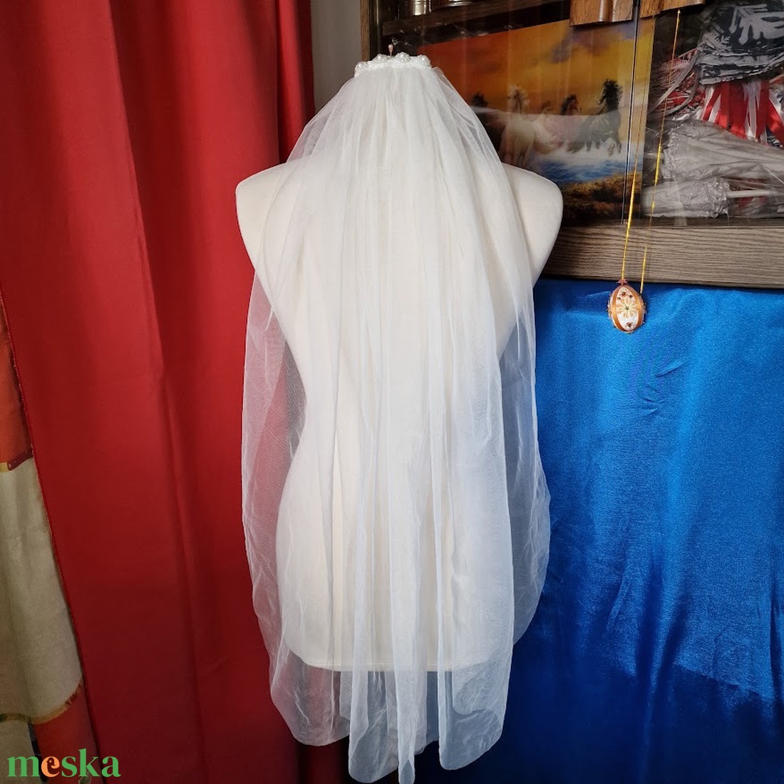 FTY152 - 1 rétegű, szegetlen, csipke virágos Ekrü menyasszonyi fátyol 80x150cm - esküvő - kiegészítők - fátyol - Meska.hu