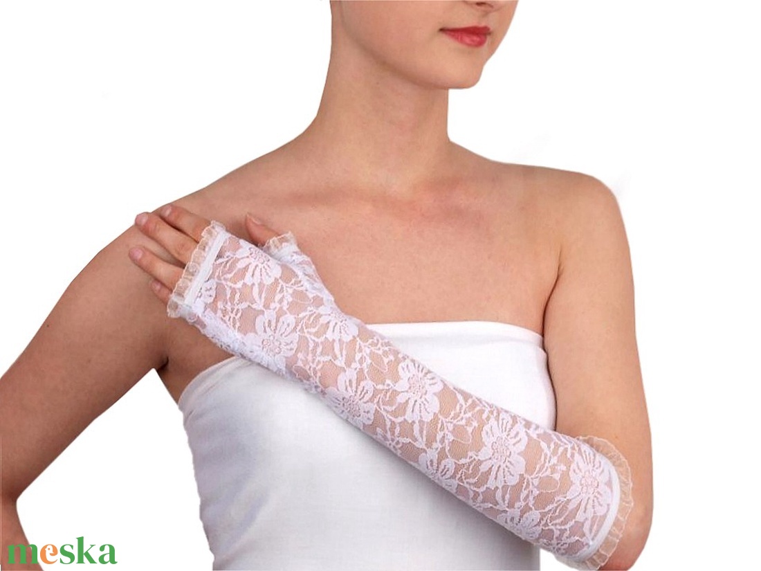 ESKÜVŐ KTY15 - 36cm-es hófehér menyasszonyi csipke kesztyű - esküvő - kiegészítők - menyasszonyi kesztyűk - Meska.hu