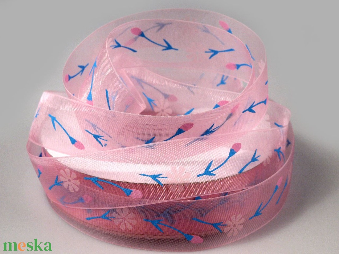 22SZOM05 - 22mm-es virág mintás organza szalag - rózsaszín - kellékek & szerszámok - méteráru - dekorációs alapanyag - Meska.hu