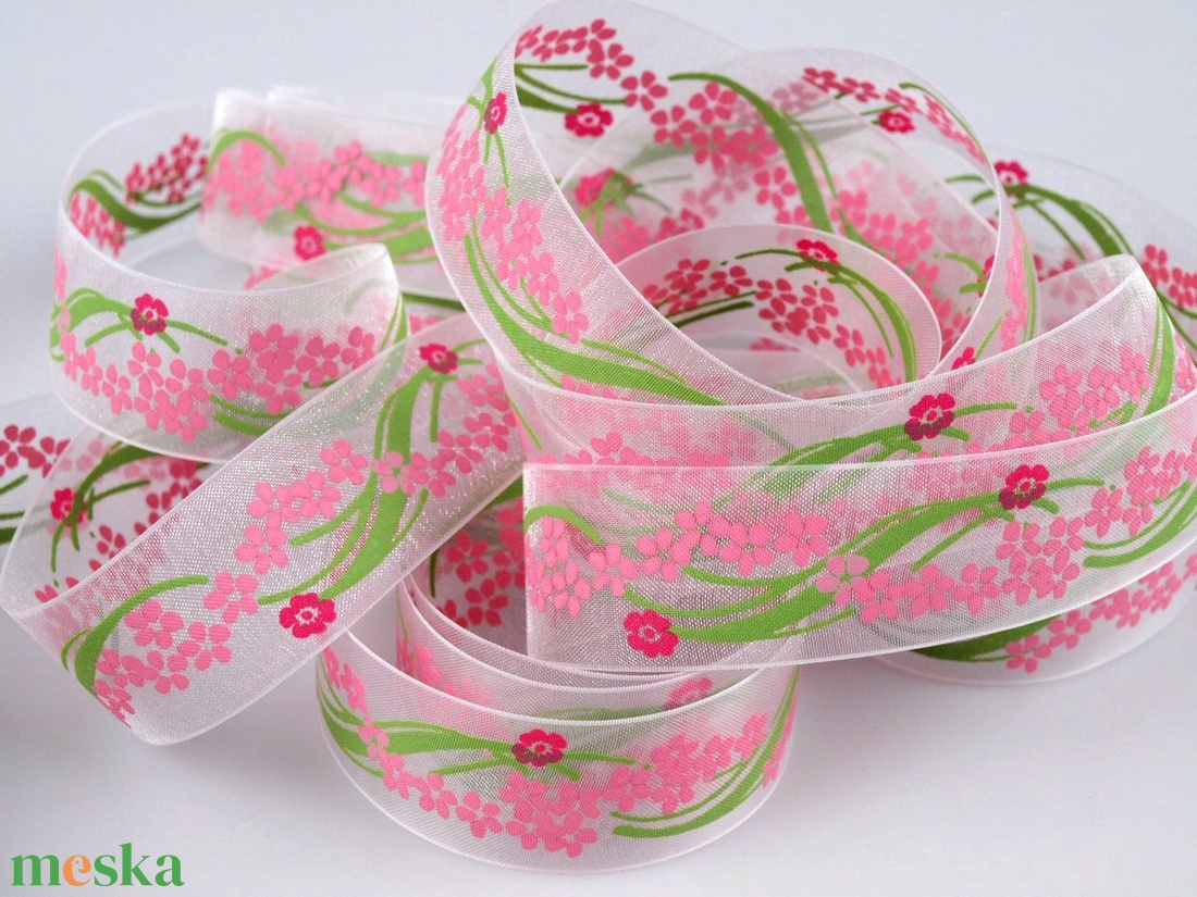 22SZOM06 - 22mm-es virág mintás organza szalag - fehér - kellékek & szerszámok - méteráru - dekorációs alapanyag - Meska.hu