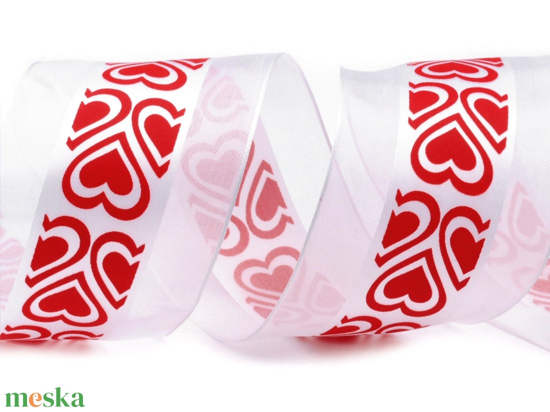 60SZOM14 - 60mm-es organza szalag piros szív mintával szélében dróttal - kellékek & szerszámok - méteráru - dekorációs alapanyag - Meska.hu