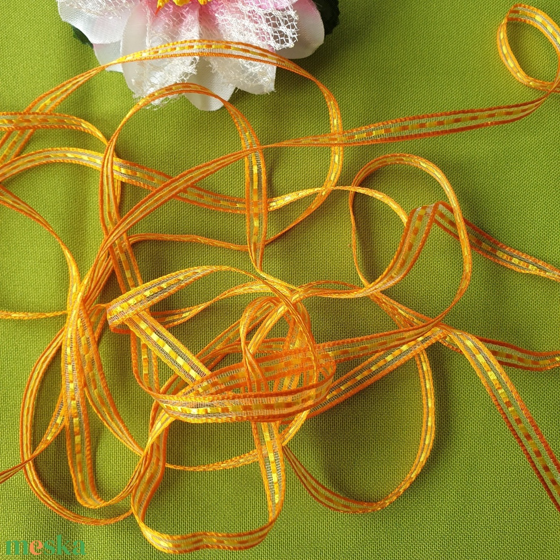 6SZOM02 - 6mm-es csíkos organza szalag - narancssárga - 3 méter - kellékek & szerszámok - méteráru - dekorációs alapanyag - Meska.hu