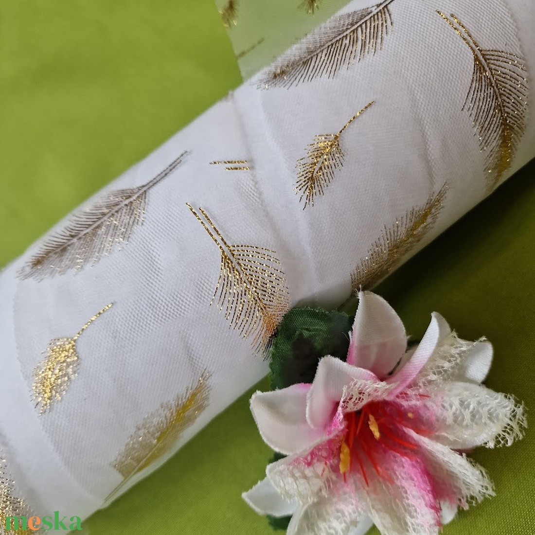 70SZOM18 - 70mm-es organza szalag arany levél mintás - kellékek & szerszámok - méteráru - dekorációs alapanyag - Meska.hu