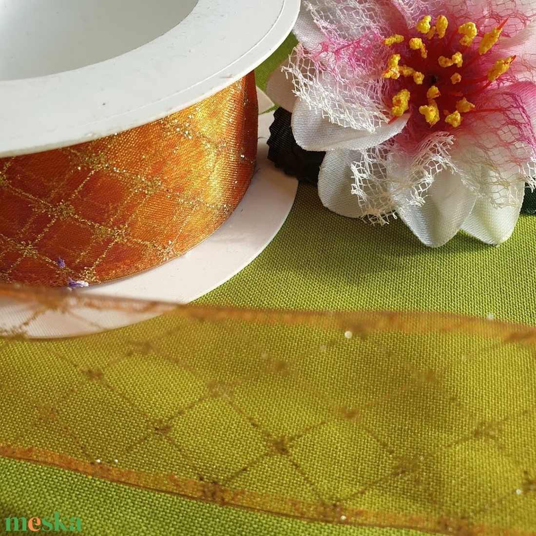 25SLM17 - 50mm-es kockás organza szalag dróttal - naranc - kellékek & szerszámok - méteráru - dekorációs alapanyag - Meska.hu