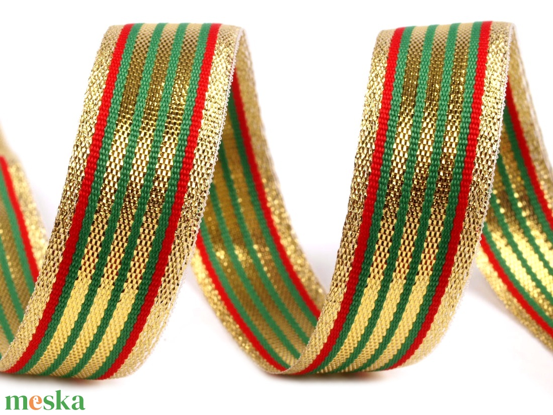 20SLM06 - 20mm-es csíkos lurex szalag - arany, piros, zöld - kellékek & szerszámok - méteráru - dekorációs alapanyag - Meska.hu