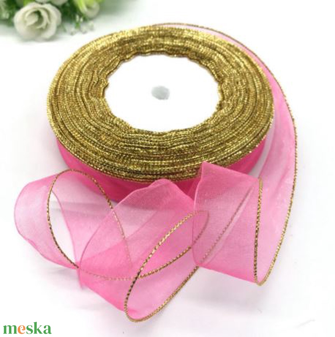20SLM - 20mm-es arany szélű organza szalag - rózsaszín - 490cm - kellékek & szerszámok - méteráru - dekorációs alapanyag - Meska.hu