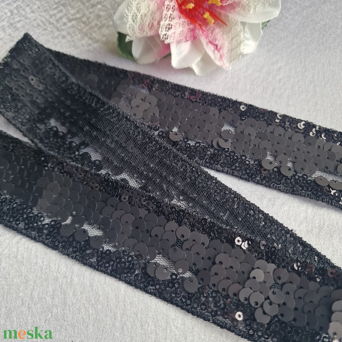 38mm-es fekete flitteres organza szalag - 158cm - kellékek & szerszámok - méteráru - dekorációs alapanyag - Meska.hu