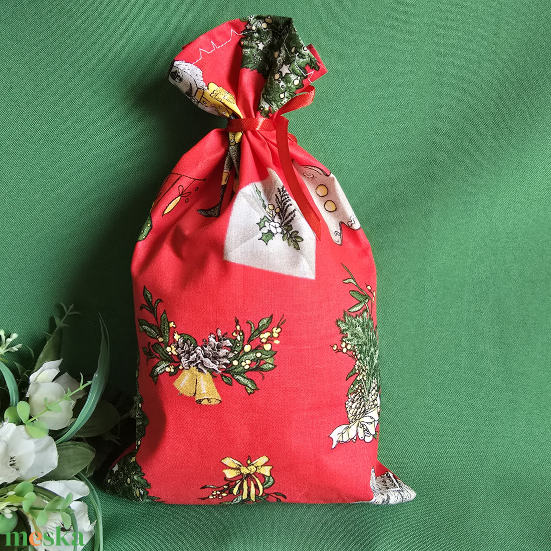 Diótörő, mézeskalács, fenyődísz mintás mikulás zsák, textil ajándéktasak - karácsony - mikulás - mikulás zsák - Meska.hu
