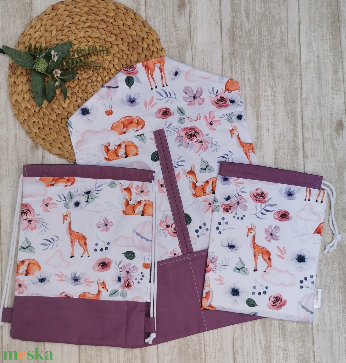 PRÉMIUM Óvodai Szett 3 db-os - Ruhazsák, tornazsák és tisztasági zsák Őzikés- mályva - játék & sport - ovis felszerelés - ovis szett - Meska.hu