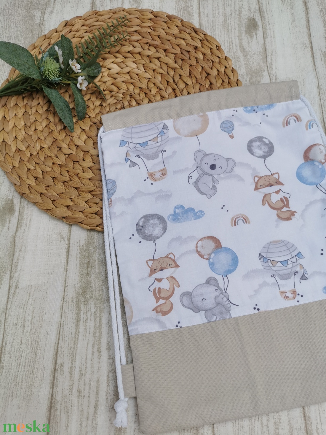 Óvodai tornazsák Elefánt, róka, koala lufival- beige UNISEX - játék & sport - ovis felszerelés - ovis szett - Meska.hu