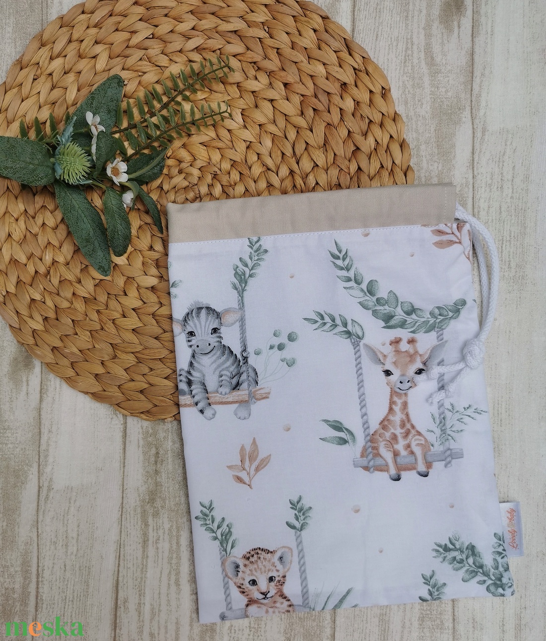 Ovis tisztasági zsák - hintázó szafari állatok- beige UNISEX - játék & sport - ovis felszerelés - tisztasági csomag - Meska.hu