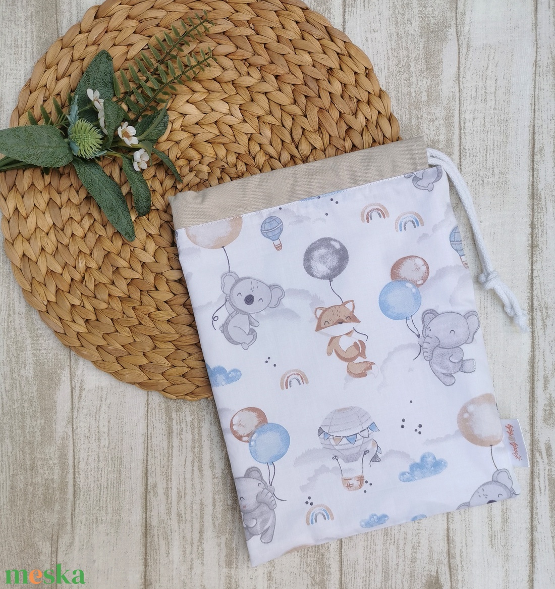 Ovis tisztasági zsák - Elefánt, róka, koala lufival- beige UNISEX - játék & sport - ovis felszerelés - tisztasági csomag - Meska.hu