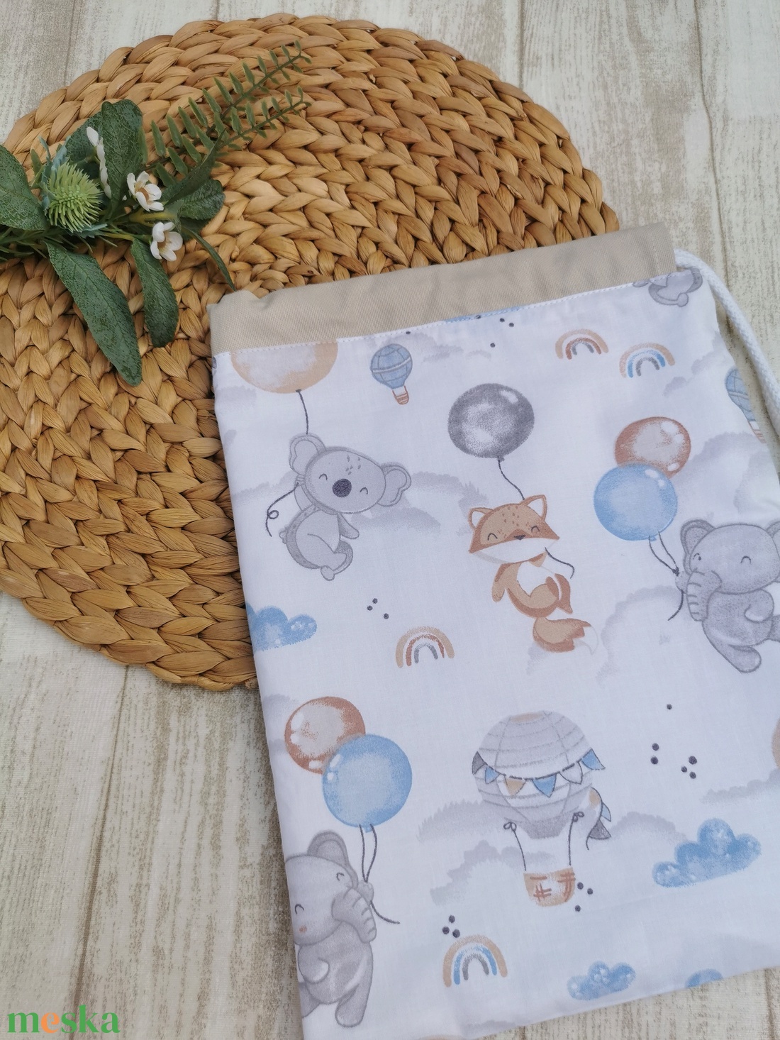 Ovis tisztasági zsák - Elefánt, róka, koala lufival- beige UNISEX - játék & sport - ovis felszerelés - tisztasági csomag - Meska.hu