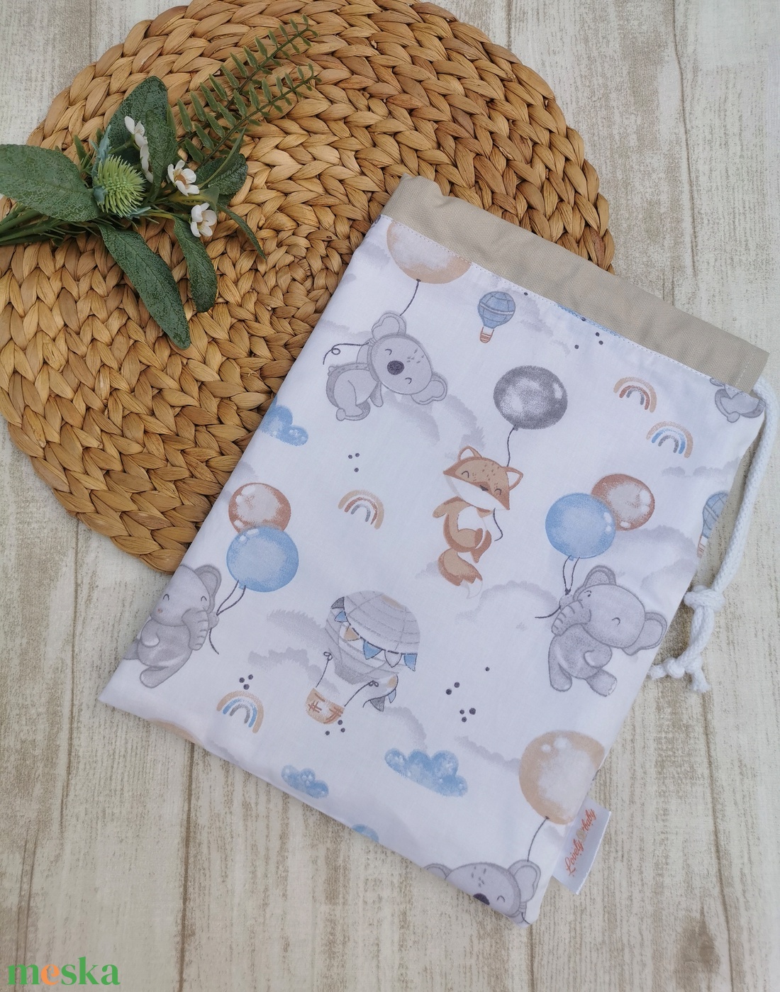 Ovis tisztasági zsák - Elefánt, róka, koala lufival- beige UNISEX - játék & sport - ovis felszerelés - tisztasági csomag - Meska.hu