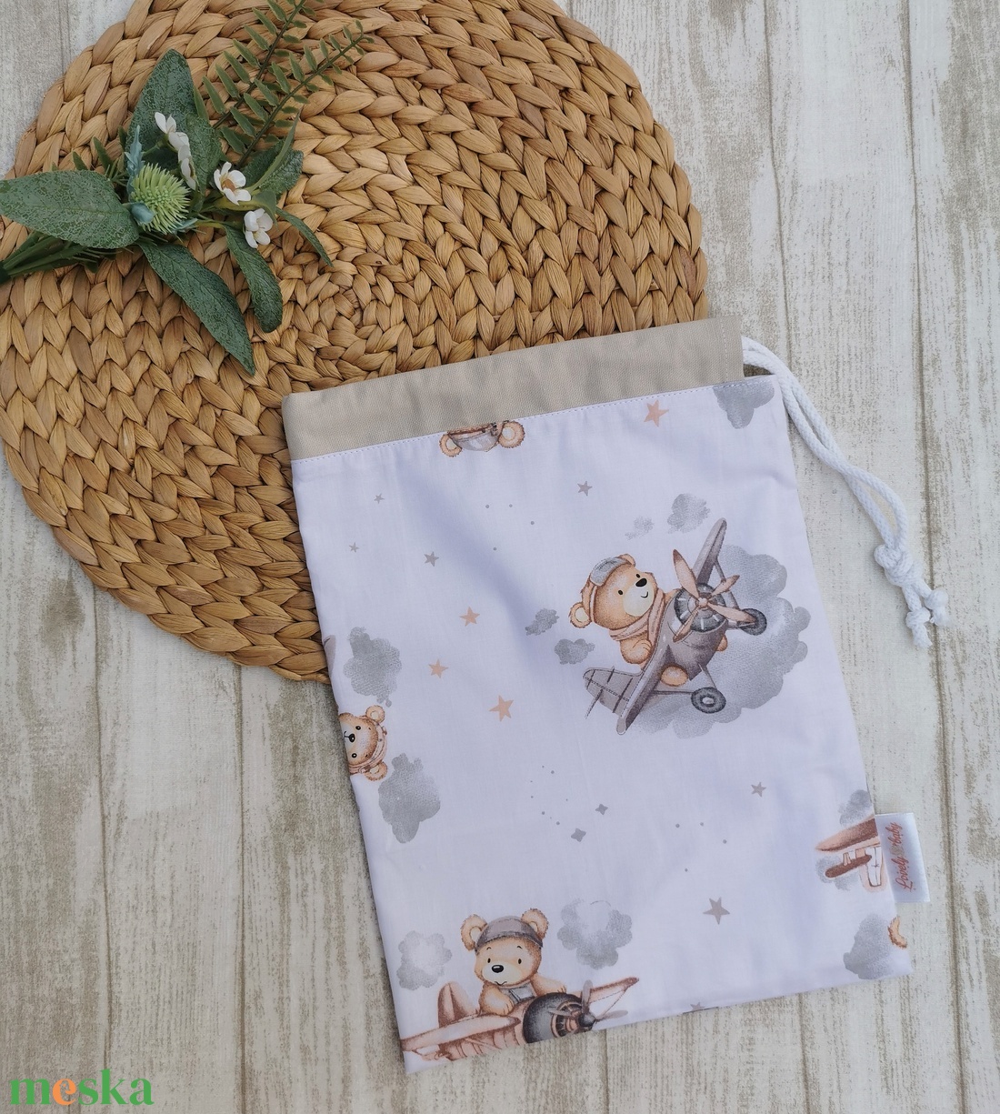 Ovis tisztasági zsák - barna repülős maci- beige UNISEX - játék & sport - ovis felszerelés - tisztasági csomag - Meska.hu