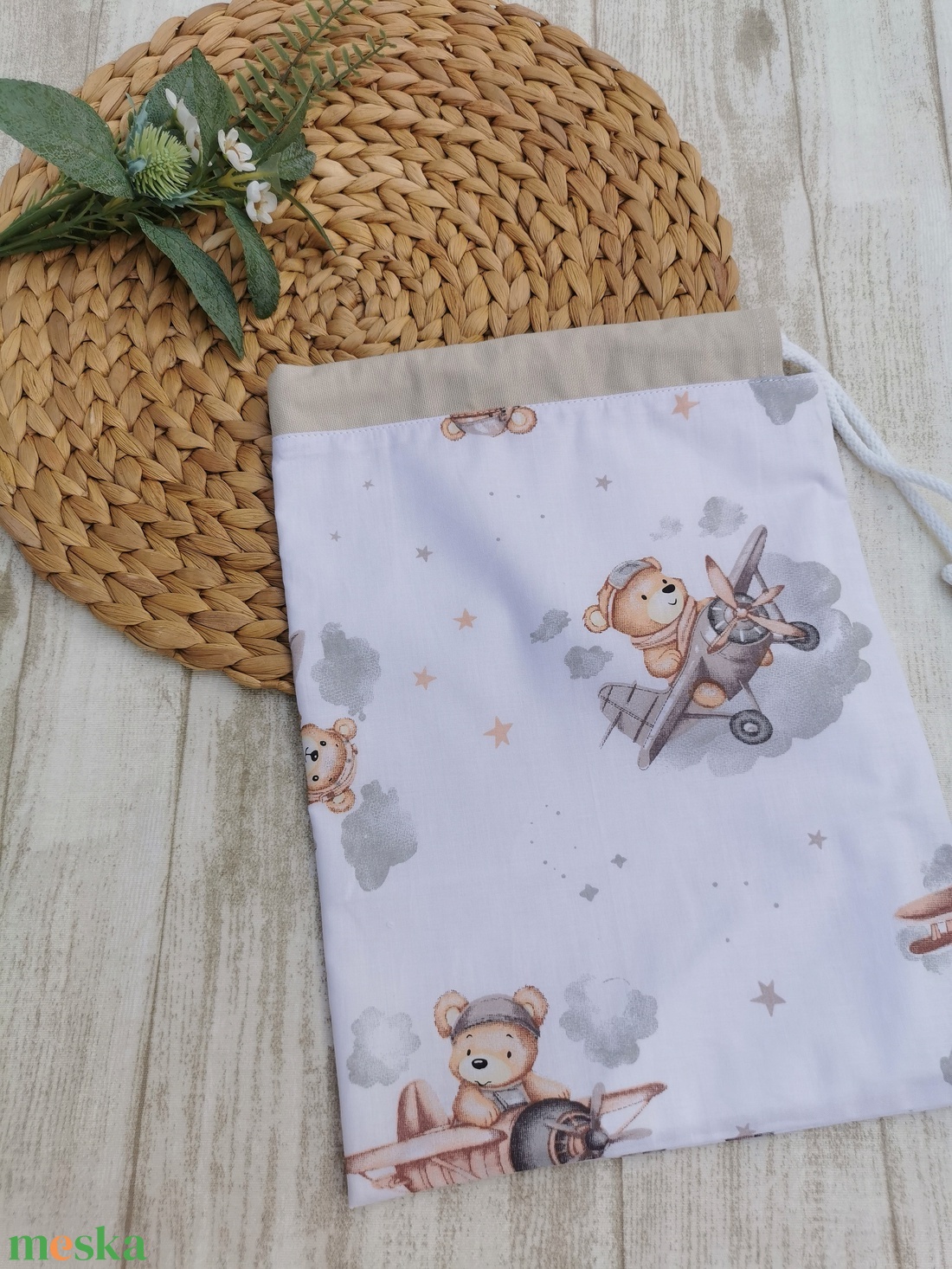 Ovis tisztasági zsák - barna repülős maci- beige UNISEX - játék & sport - ovis felszerelés - tisztasági csomag - Meska.hu