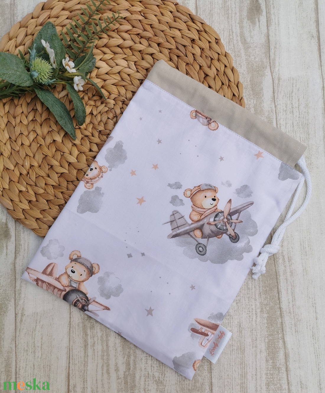 Ovis tisztasági zsák - barna repülős maci- beige UNISEX - játék & sport - ovis felszerelés - tisztasági csomag - Meska.hu