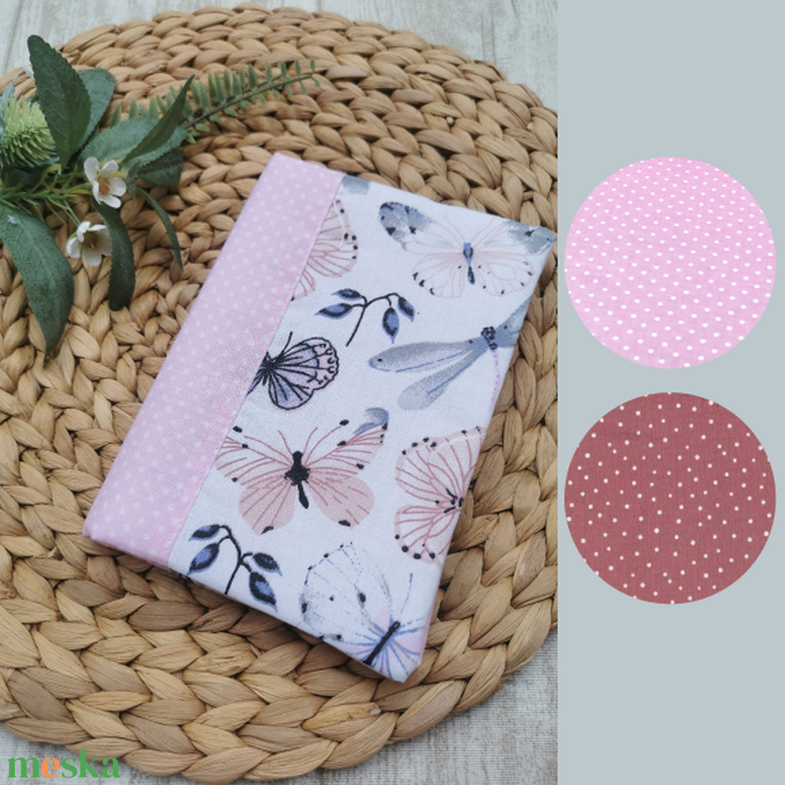 Egészségügyi kiskönyv borító lepkés- világos rózsaszín pöttyös oldallal  - játék & sport - babalátogató ajándékcsomag - Meska.hu