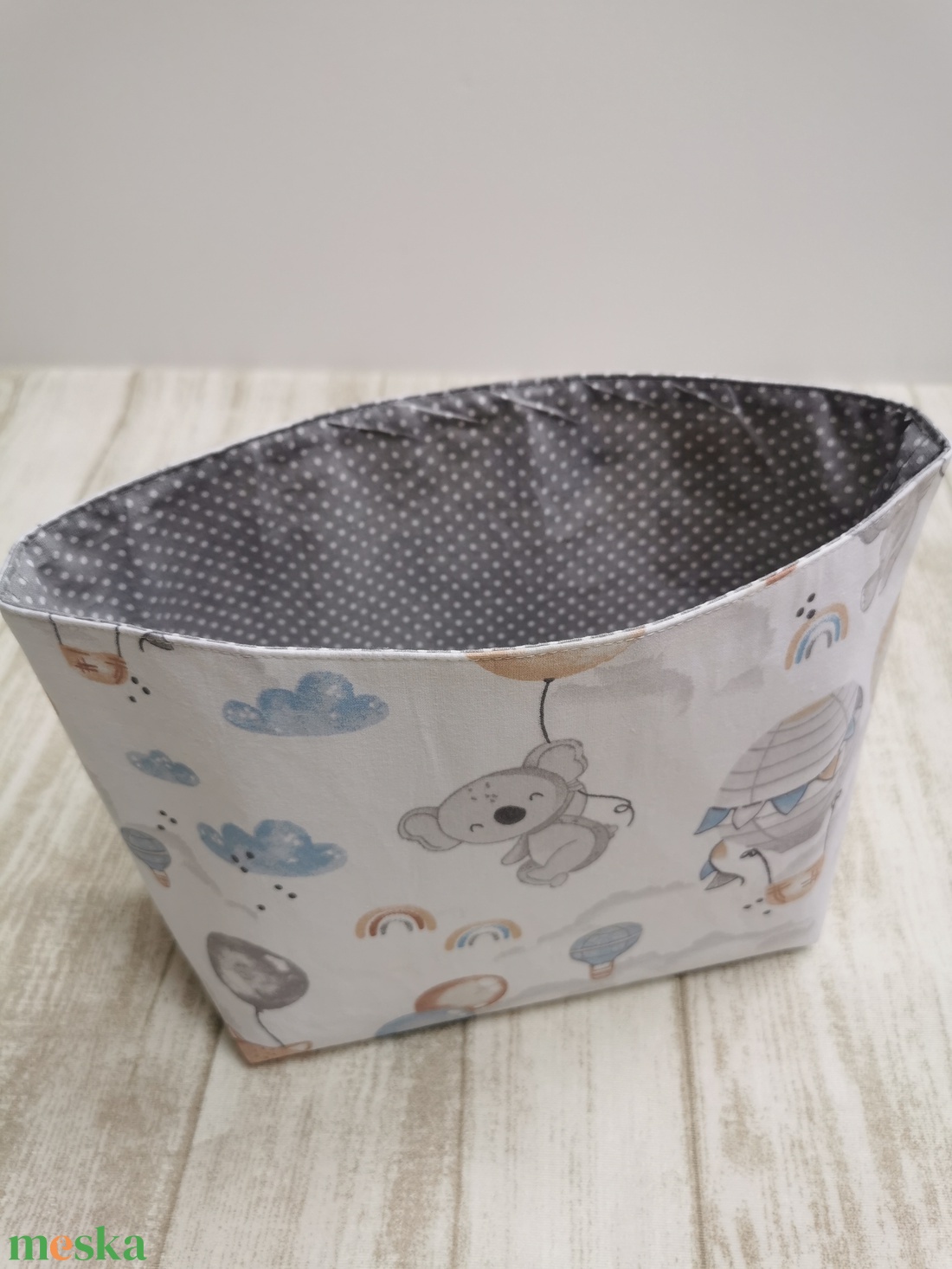 Textil asztali tároló babaszobába - Elefánt, róka, koala lufival szürke - otthon & életmód - tárolás & rendszerezés - tárolókosár - Meska.hu