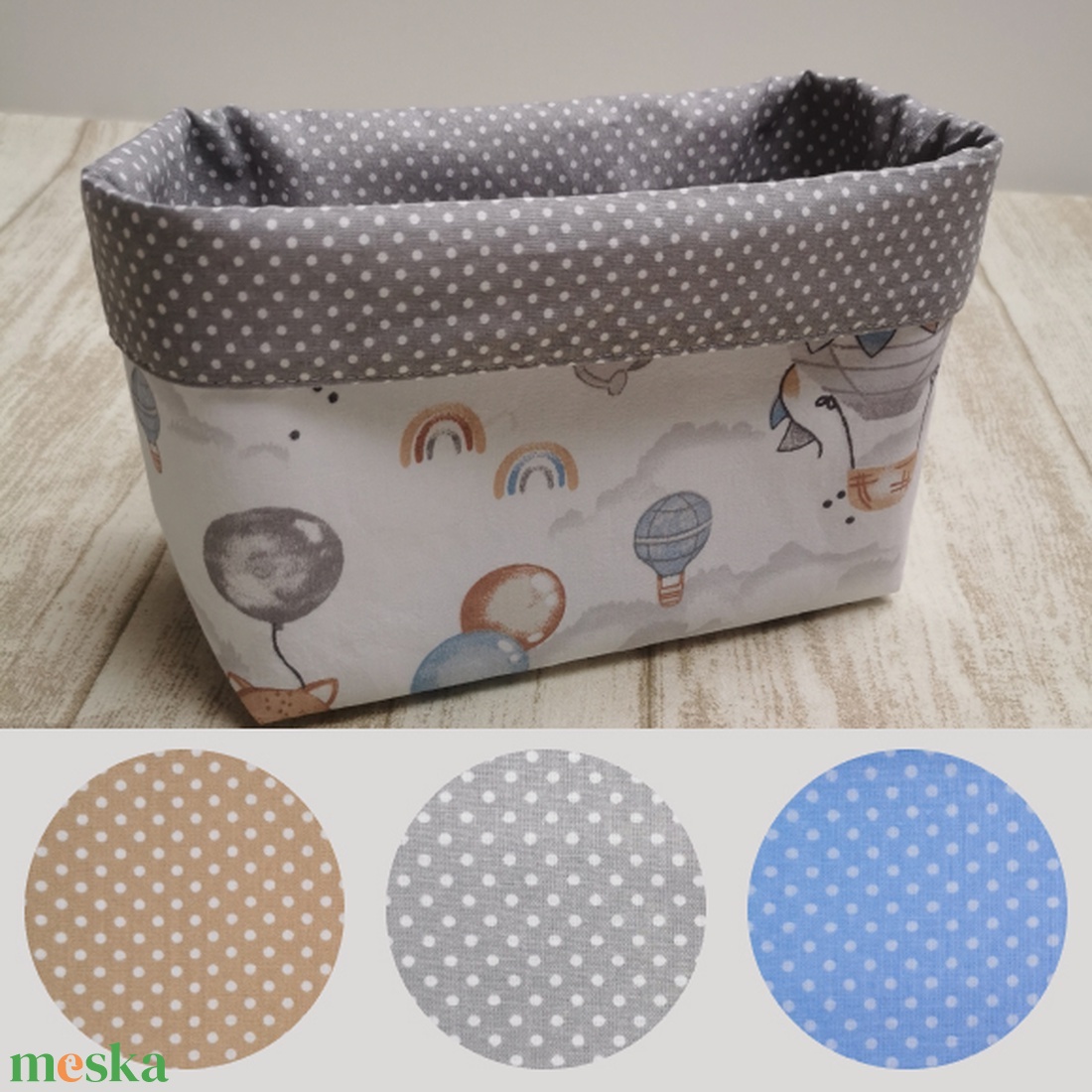 Textil asztali tároló babaszobába - Elefánt, róka, koala lufival szürke - otthon & életmód - tárolás & rendszerezés - tárolókosár - Meska.hu