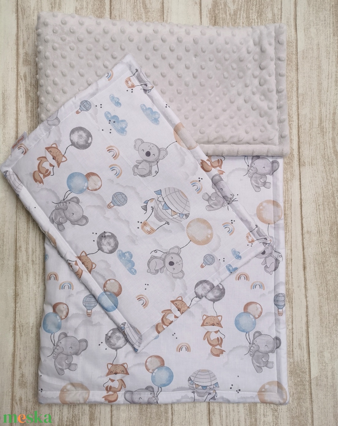 Bélelt baba takaró + párna szett Elefánt, róka, koala lufival Bézs miky-vel - UNISEX - baba - mama - baba ágynemű - szett kiságyba - Meska.hu